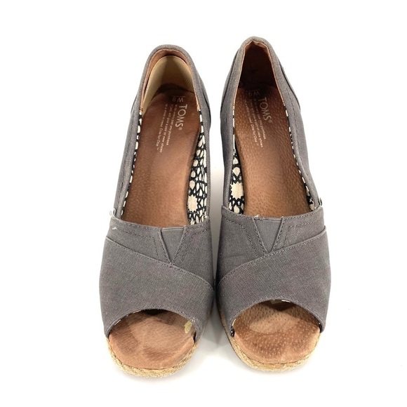 TOMS Calypso Ashgray Espadrille Peep Toe Wedge Comfort Canvas Heel - Picture 4 of 8